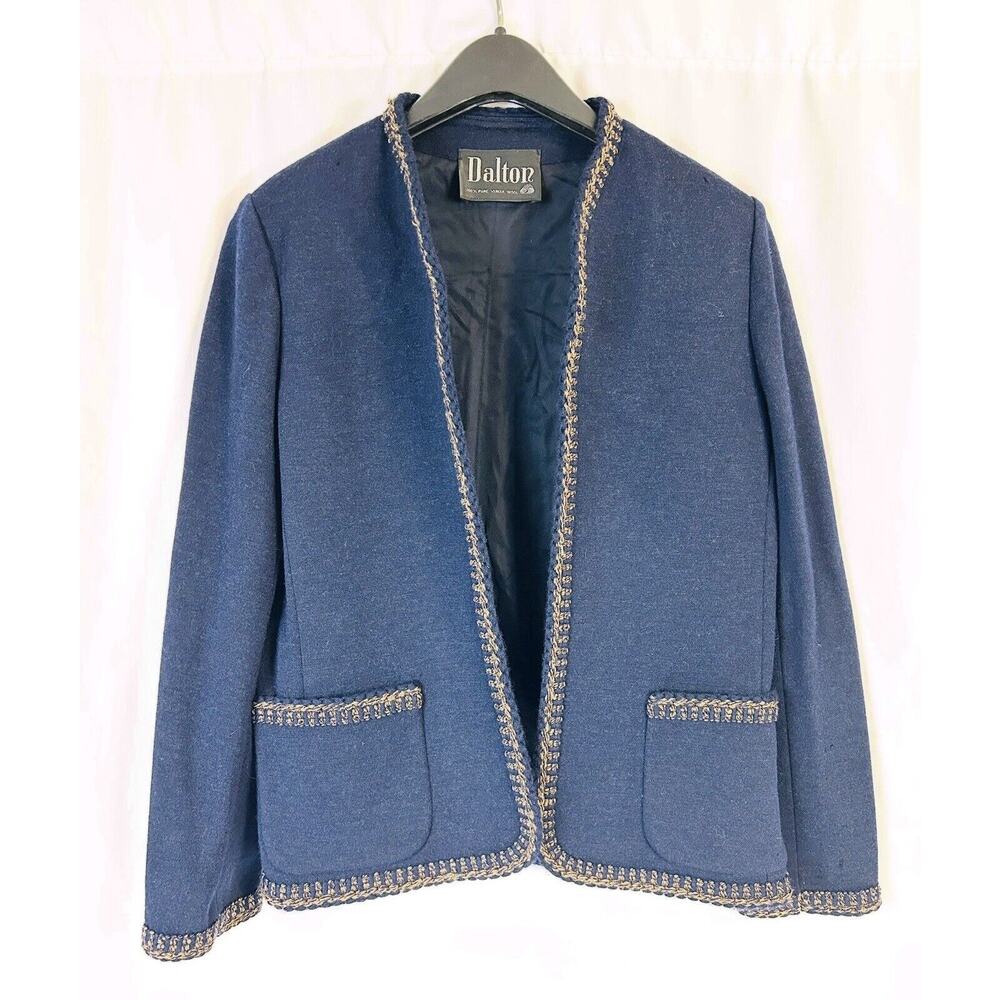 Vtg Dalton Sz 10 Jacket Open Blazer Cardigan 100% Virgin Wool Navy Blue Pockets